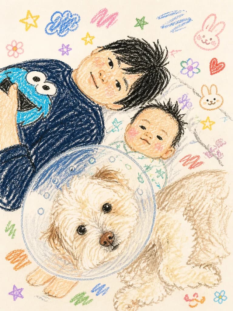 강민재와 아기, 강아지를 함께 그린 색연필 그림